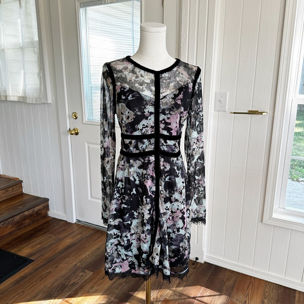 Fire Los Angeles Women Lace Floral Mini Dress L Black Velvet Trim Whimsigoth